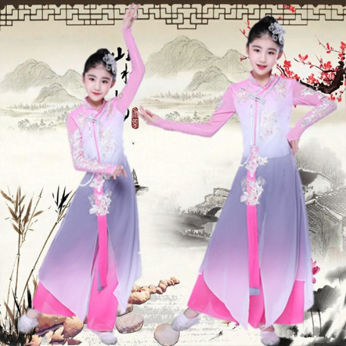 Girls chinese folk dance costumes pink colored kids children ancient traditional yangko hanfu fairy umbrella fan dance dresses